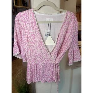 Lost & Wander Pink Floral V-neck Side Tie Wrap Blouse Size Small 2-6 NEW